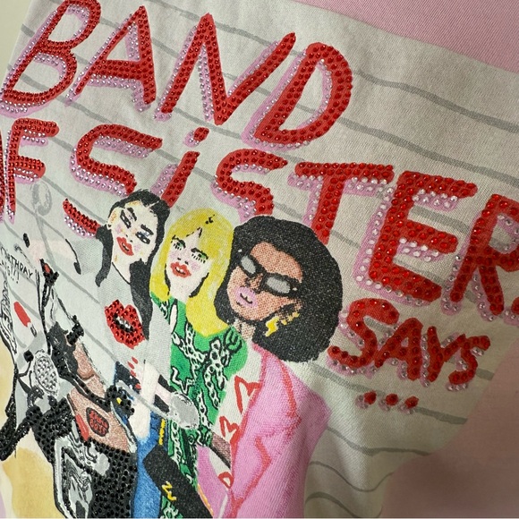 Zadig Voltaire XS Band of Sisters Rhinestone Pink Graphic Short Sleeve Boxy Tee - Picture 3 of 9